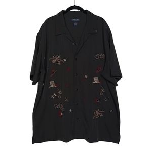 CHEROKEE Casino Card Print Embroidered Black Button Front Short Sleeve Top XL